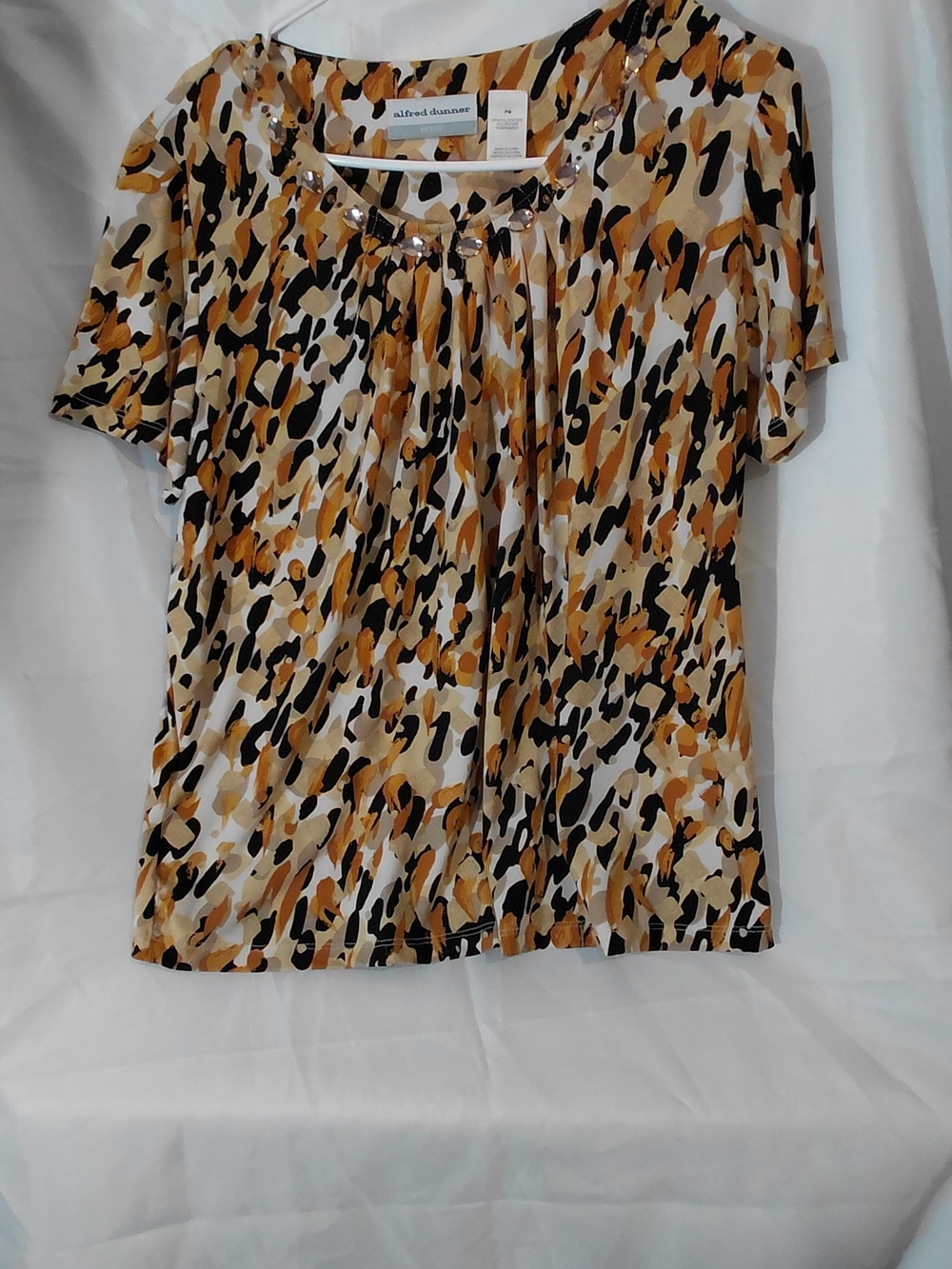 Alfred Dunner Short Sleeve Abstract Print Top in Mustard, Black & Cream